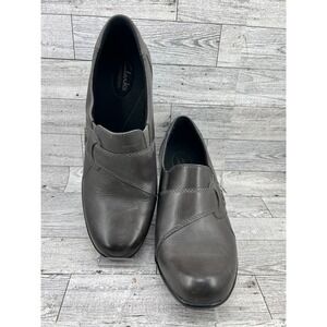 Clarks‎ Bendables Women Size 9.5M Dark Gray Leather Slip On Loafers Block Heel